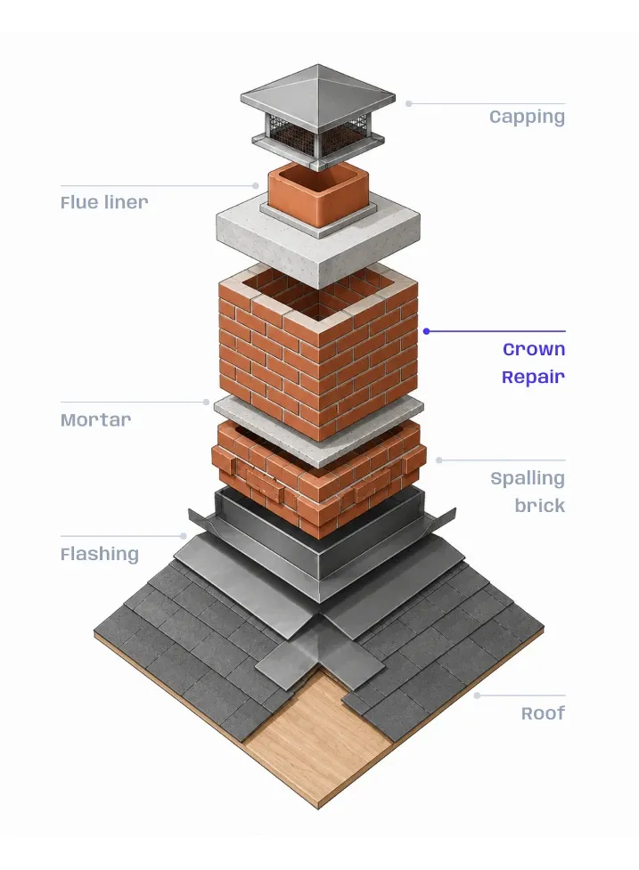 Detailed 3D diagram showing all chimney components and their functions