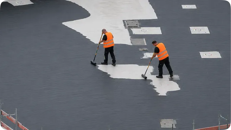 Commercial waterproofing crew on large flat roof