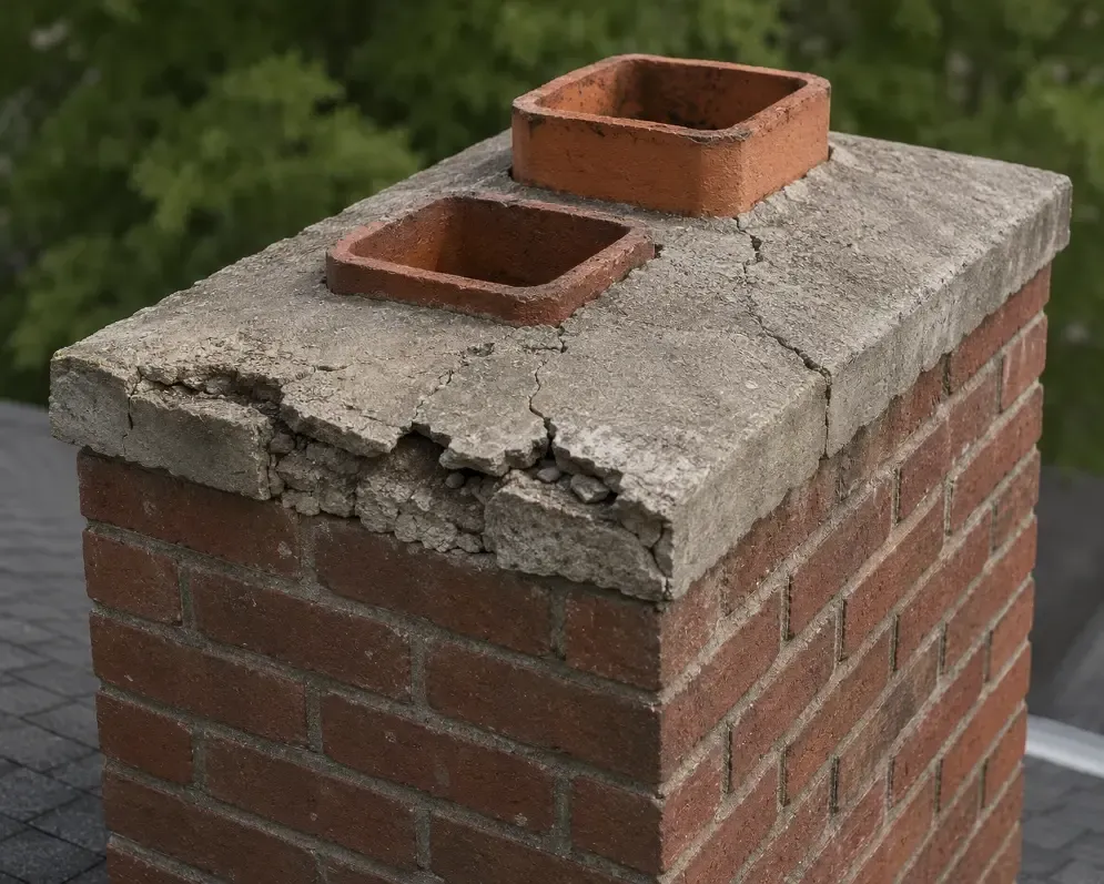 Cracked concrete crown on top of a chimney