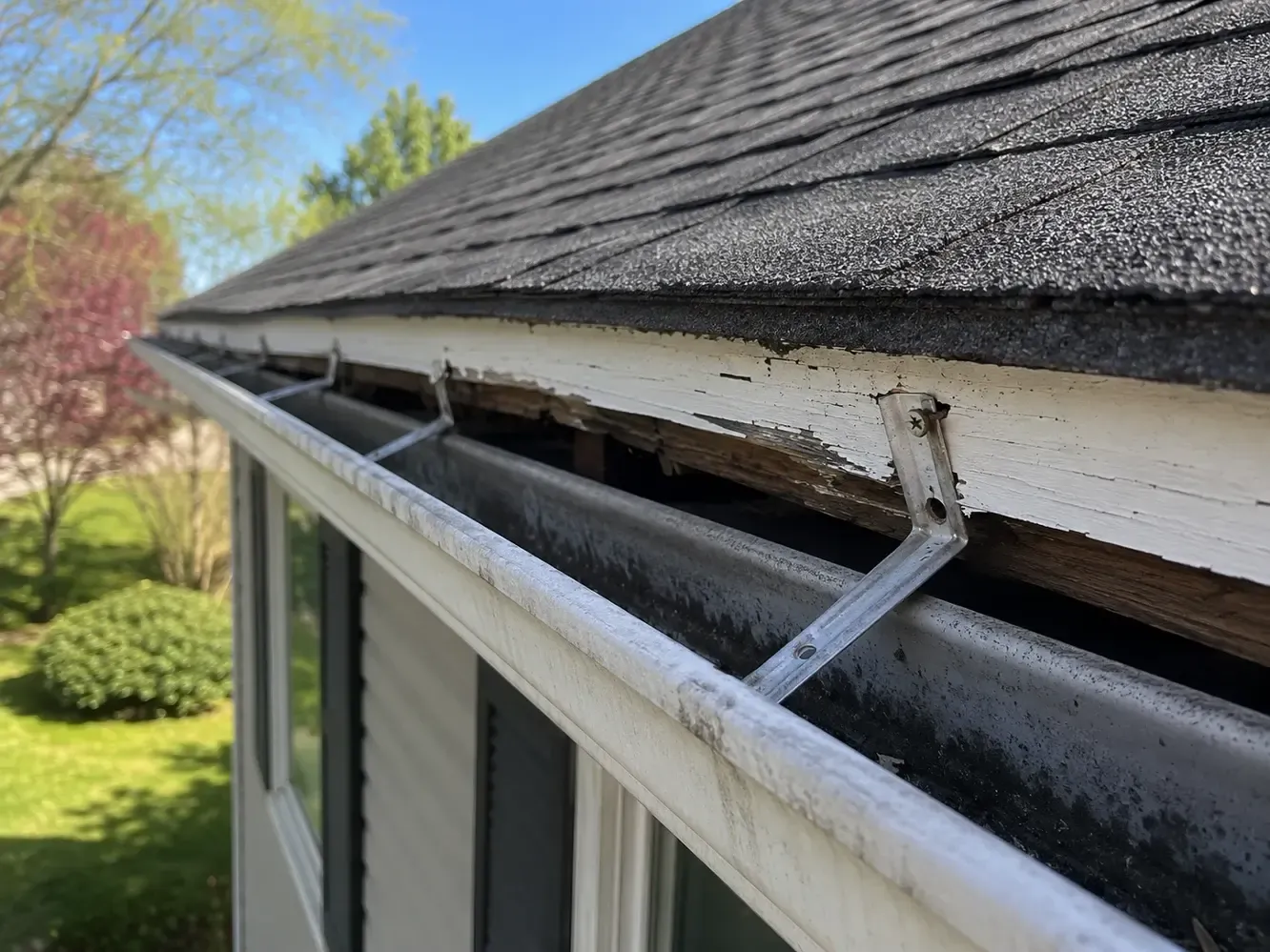 Cracks, holes, or rust spots in gutters