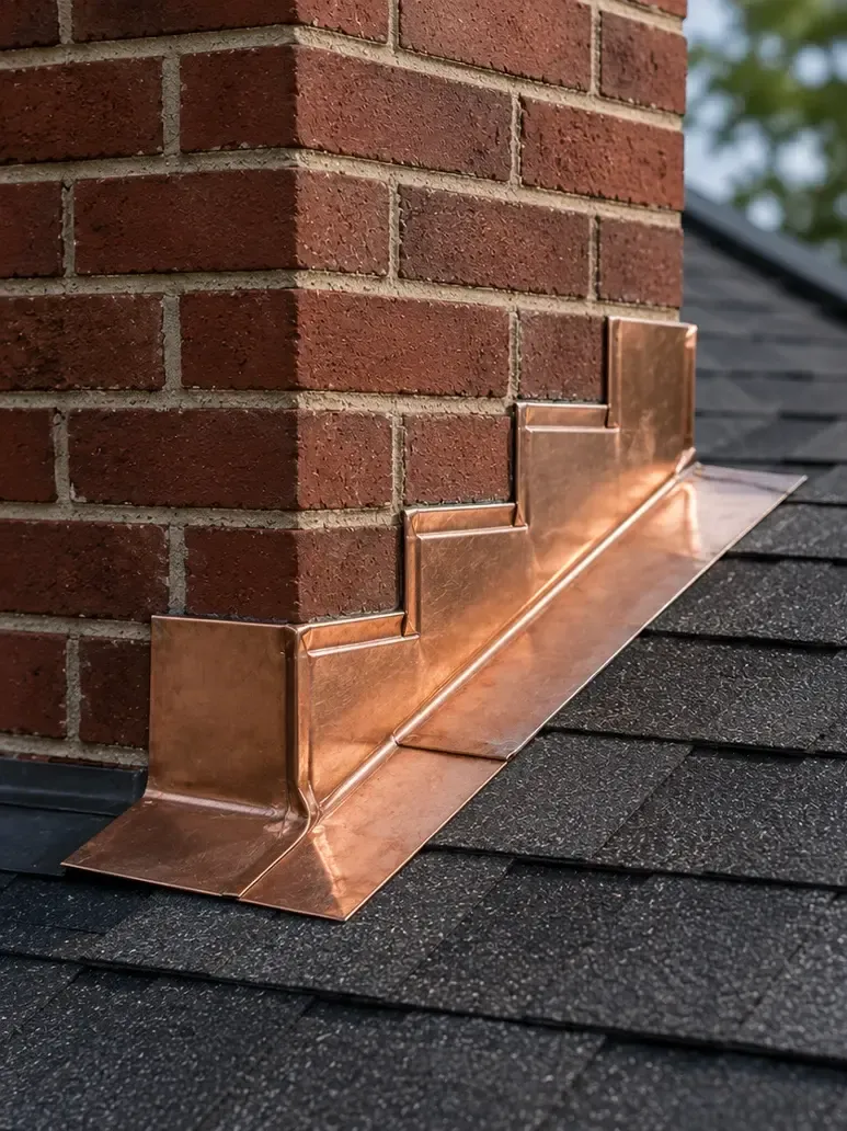Custom copper flashing repair on chimney transition