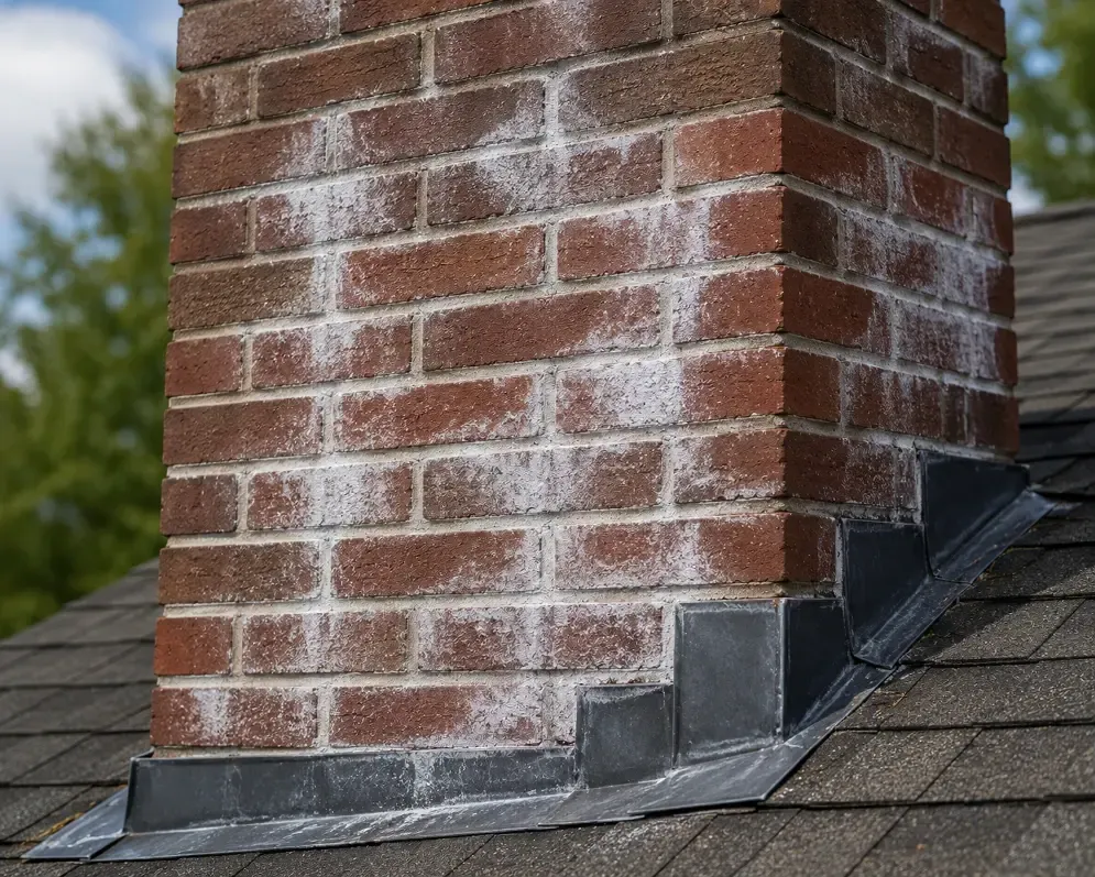 White chalky efflorescence deposits on chimney masonry