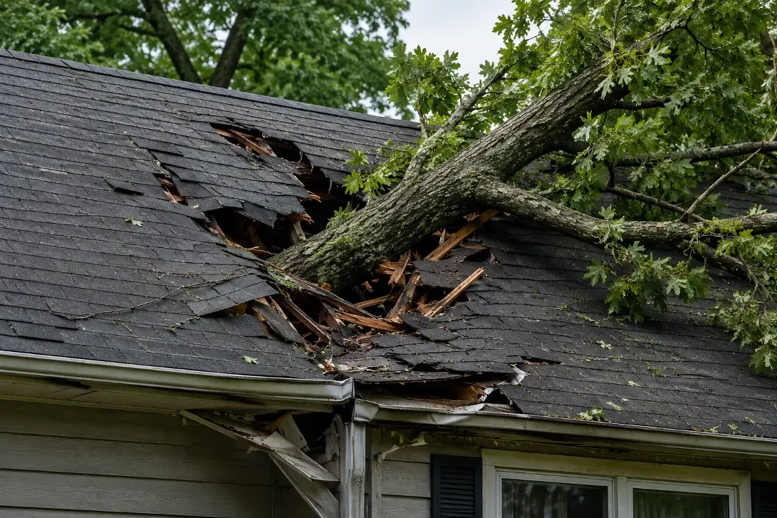 Damaged green metal roof on log cabin showing storm damage requiring emergency repair