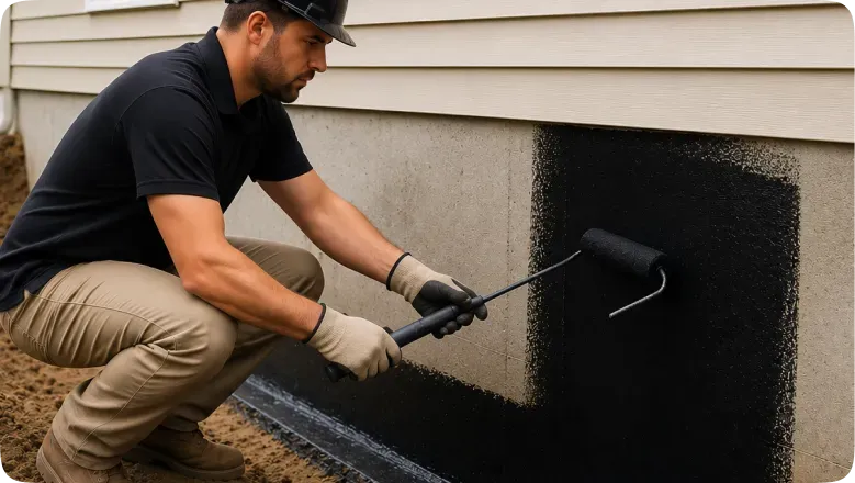 Foundation waterproofing application on building exterior