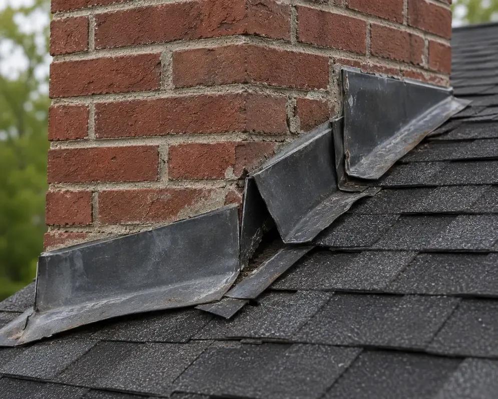 Loose, damaged flashing where a chimney meets the roof