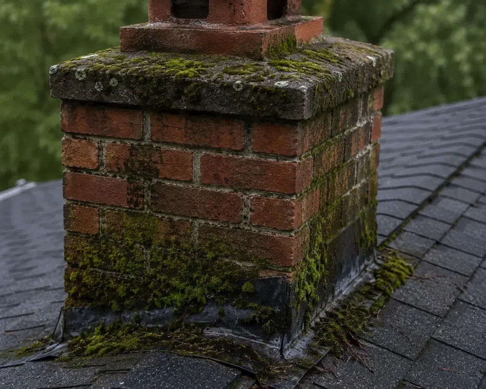 Green moss growing around the base of a chimney
