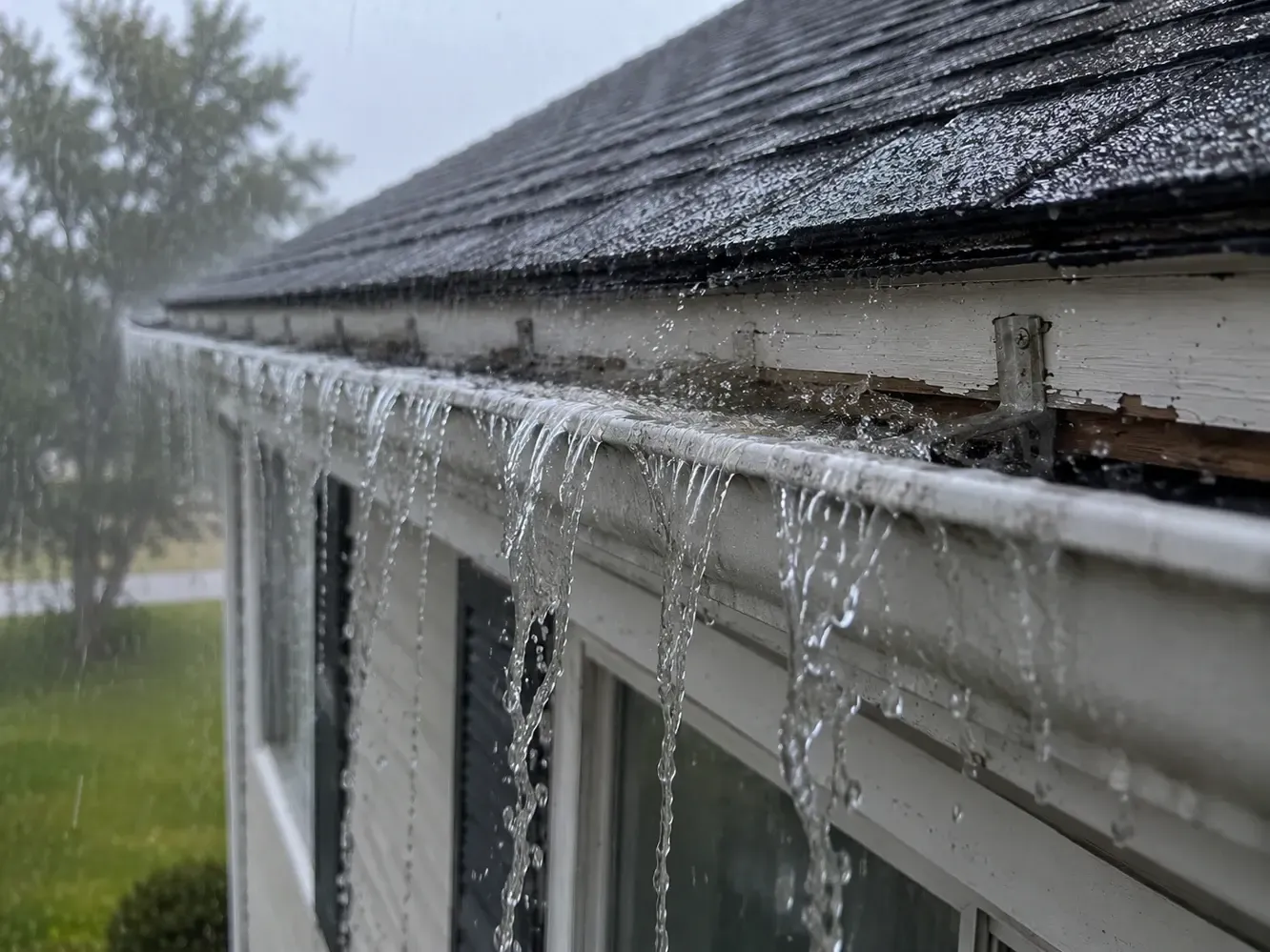 Water overflowing during rainfall from clogged gutters