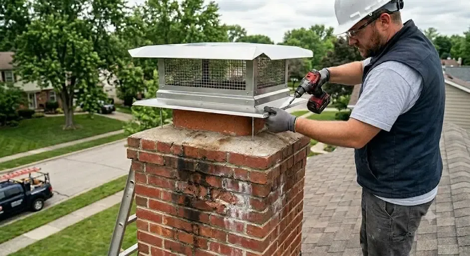 Installing stainless steel rain cover on chimney