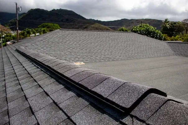 Black ridge vent installed on gray asphalt shingle roof