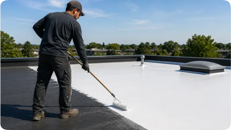 Worker applying reflective roof coating system