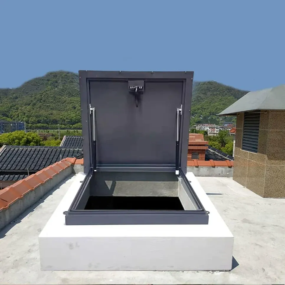 Black metal roof hatch providing commercial rooftop access
