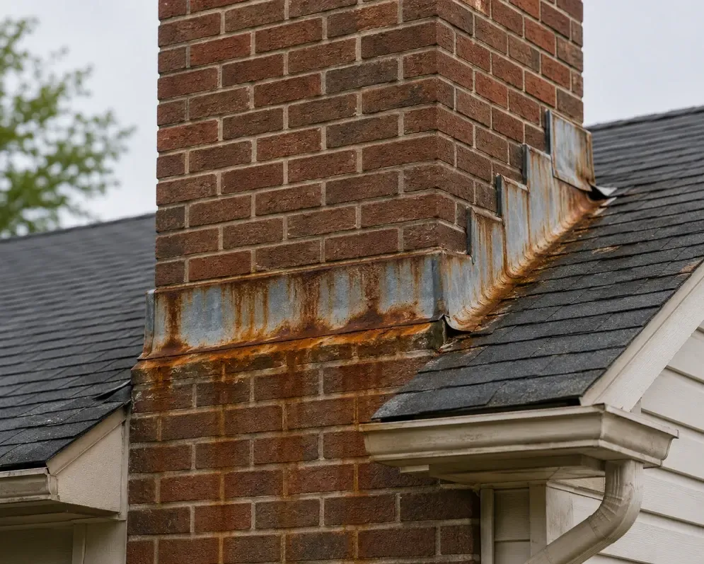 Rusty chimney flashing with rust streaks running down the brickwork