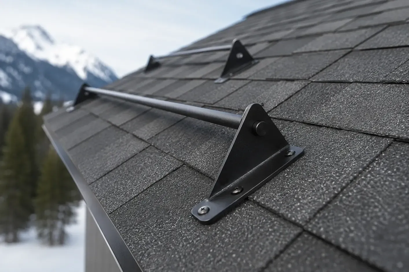 Black triangular snow guards installed on asphalt shingle roof
