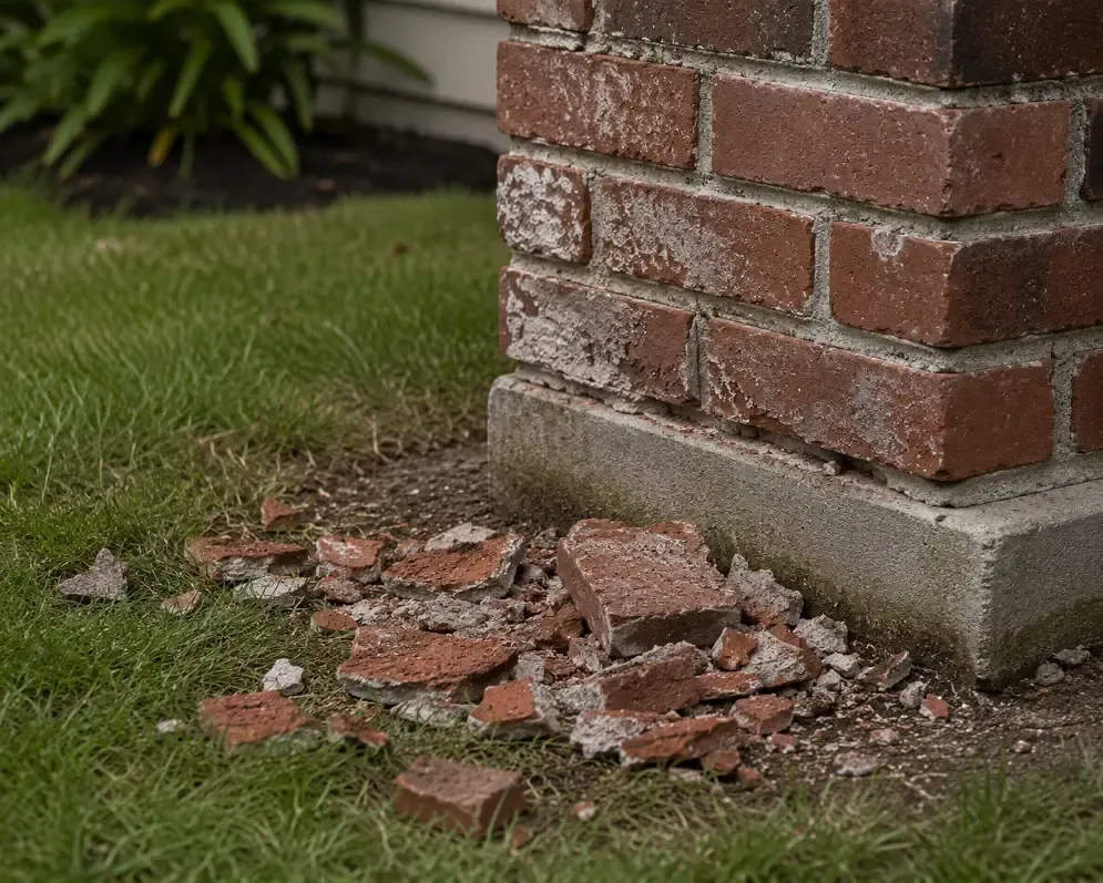 Flaking, spalled brick fragments on the ground beside a chimney