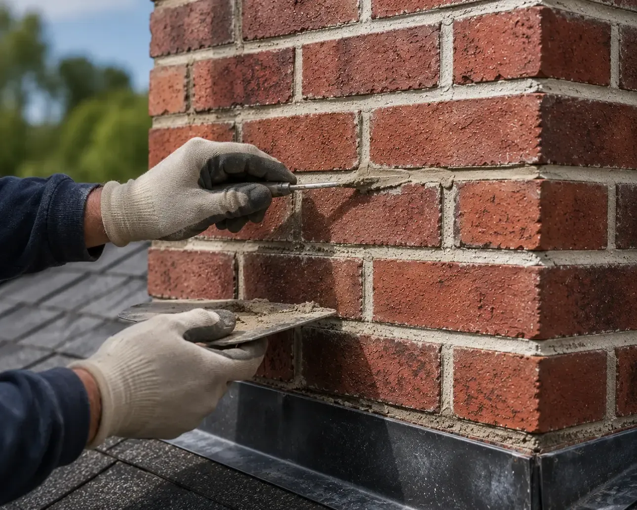 Tuck pointing and mortar joint restoration on chimney