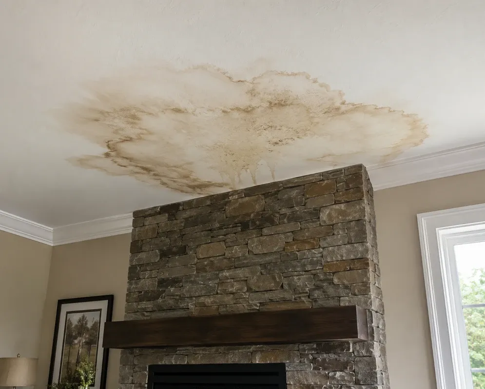 Water stains spreading across a ceiling near a fireplace