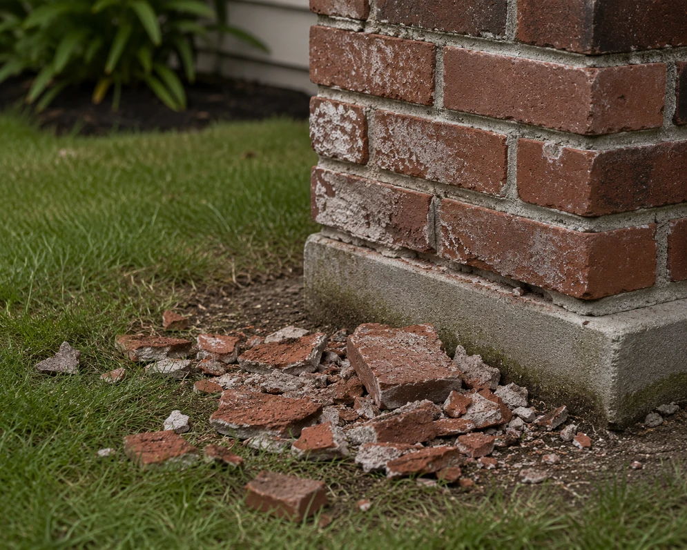 Flaking, spalled brick fragments on the ground beside a chimney