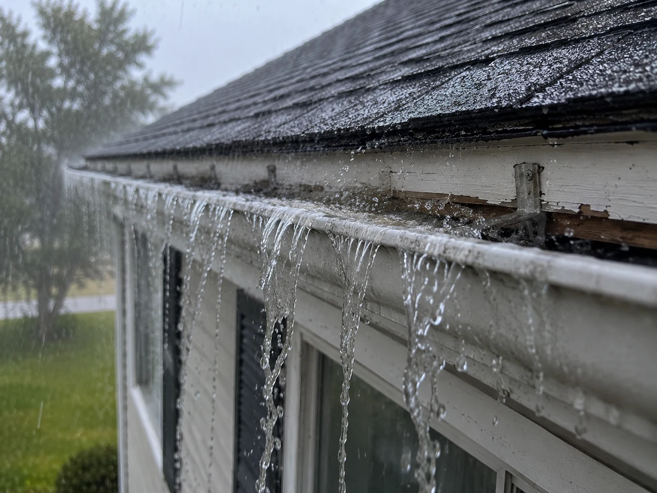 Water overflowing during rainfall from clogged gutters