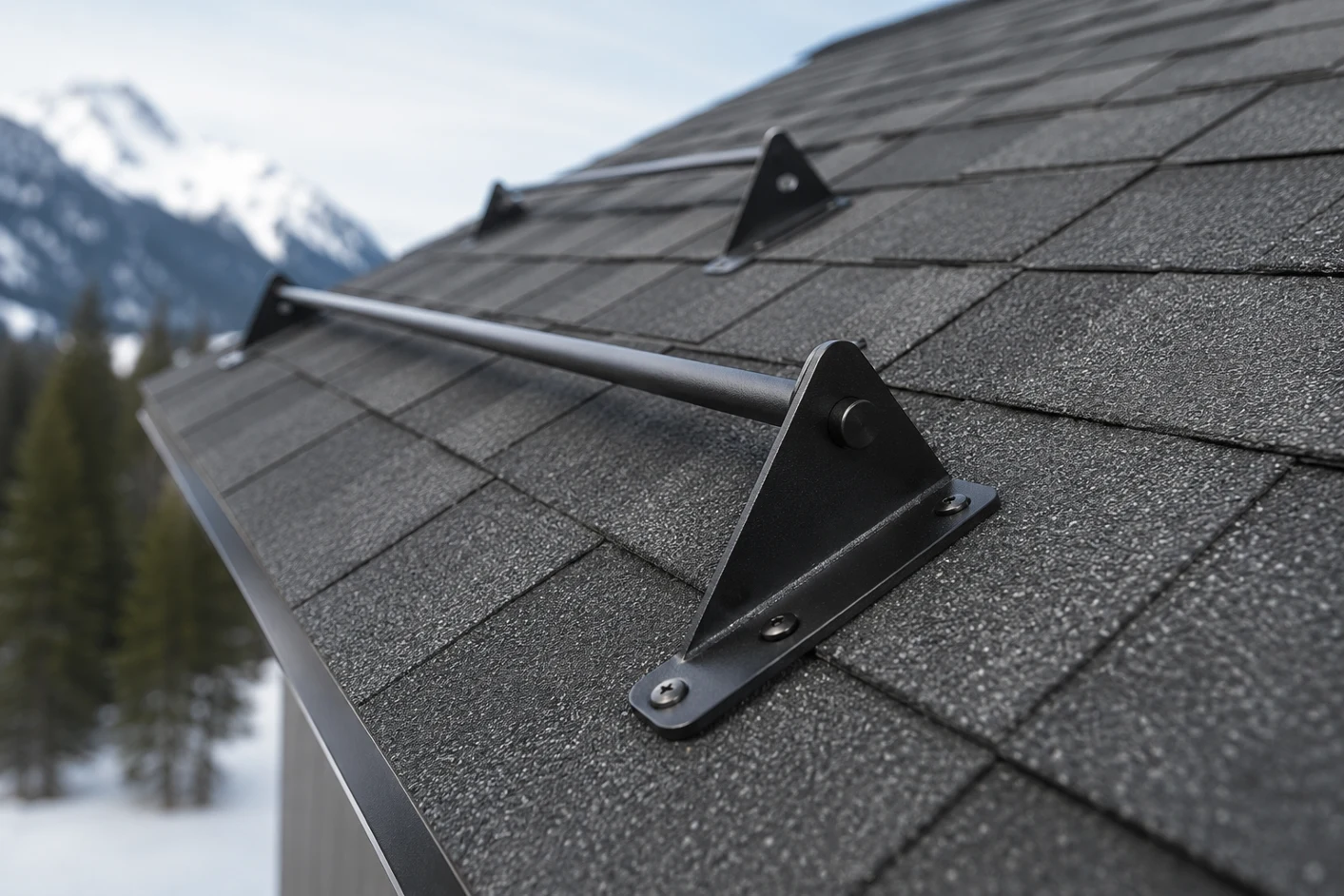 Black triangular snow guards installed on asphalt shingle roof